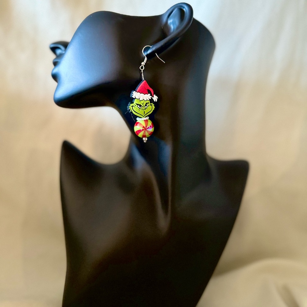 Festive Grinch Earrings with Santa Hat - Picture 2 of 3